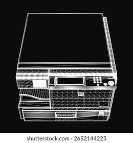 Um diagrama 3D de uma copiadora de computador com botões, botões e portas detalhados visíveis em um plano de fundo preto elegante. O design destaca componentes eletrônicos complexos e elementos funcionais.