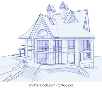 3d Blueprint House: Vector Technical Draw