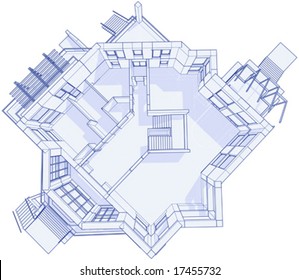 3d blueprint house: vector technical draw