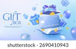 3d blue-themed gift box concept featuring a bank card, coins, balloons, and floating presents. Perfect for finance, rewards, loyalty programs, and festive promotions 3d vector illustration