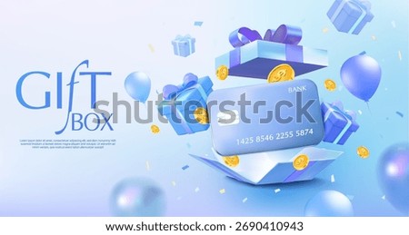 3d blue-themed gift box concept featuring a bank card, coins, balloons, and floating presents. Perfect for finance, rewards, loyalty programs, and festive promotions 3d vector illustration