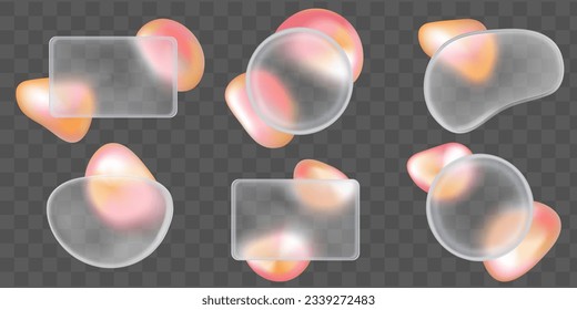 3d blur glassmorphism blob frame design with rectangle and circle shape abstract vector. Digital template with fluid glass glossy element interface mockup. Card and sphere icon set for app screen