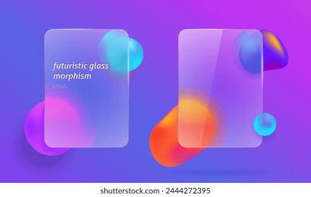 3d blurred glass morphism neon colorful transparent geometric floating set vector graphic, matte rectangle plastic pannel screen purple magenta element realistic modern text frame design window