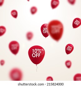 3D blurred red discount balloons design. SALE concept background for shop store market