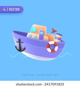 Ilustración vectorial de barco 3D con ancla y boya