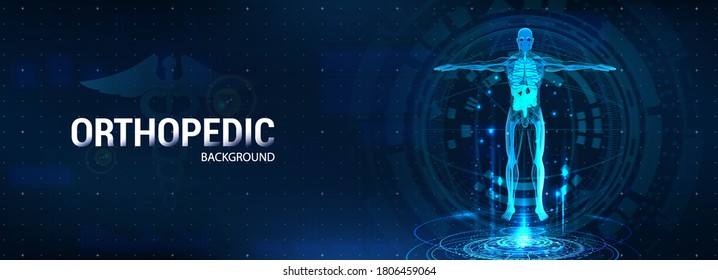 
3D body hologram, science and healthcare banner. Modern human research, latest scanning technology with 3d hologram in HUD style. Vector illustration medical concept
