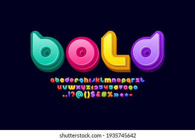 3D bold alphabet, bright rounded font, multi colored letters and numbers, vector illustration 10EPS