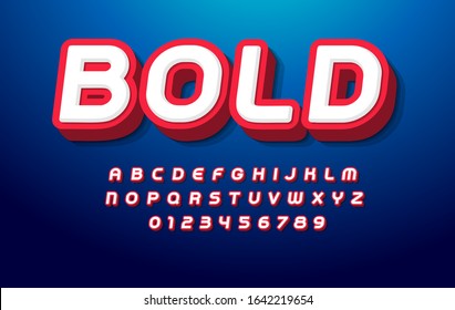 3D bold alphabet. Pop art font, heavy type for modern super hero monogram, prize logo, comic graphic, fun and cool poster and banner. Extrude style letter and number set, vector typography design