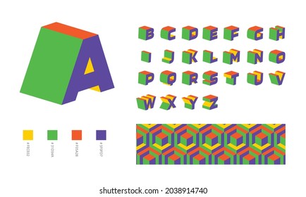 3D bold block cube alphabetical letters from A to Z using colours Green, Red, Blue, and yellow for playful designs and nursery  with pattern for branding
