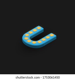 Carácter negrita 3D 'U' con estrellas, ilustración vectorial isométrica