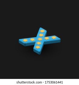 3D bold character 'X' with stars, isometric vector illustration
