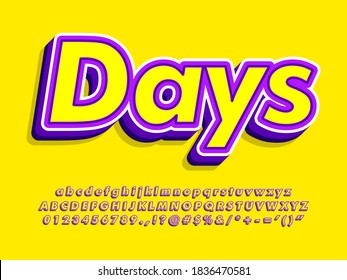 3d bold modern typeface with retro style. Yellow and purple font color. Alphabet, numbers and symbols