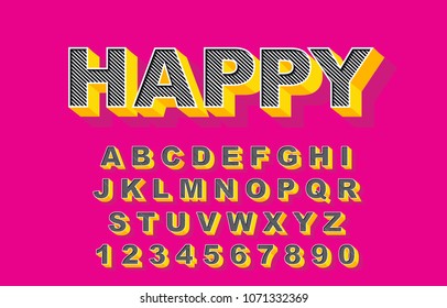 3d Bold retro alphabet font. Vintage Alphabet vector 80's, 90's Old style graphic poster set. Style graphic template. Template easy editable for Your design. Modern bold pink,strips and yellow style.