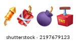 3D bomb game icon set, vector cartoon dynamite ball with fuse, explosive tnt box, yellow firecracker. Pyrotechnics equipment clipart, blast weapon, red petard on white. Gunpowder 3D bomb with wick