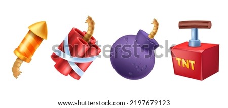 3D bomb game icon set, vector cartoon dynamite ball with fuse, explosive tnt box, yellow firecracker. Pyrotechnics equipment clipart, blast weapon, red petard on white. Gunpowder 3D bomb with wick