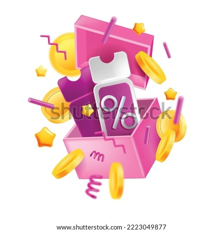 3D bonus gift box, flying golden coins, holiday party cashback deposit, open container, ticket. Vector birthday extra offer, online shopping referral reward, special winner award banner. 3D bonus