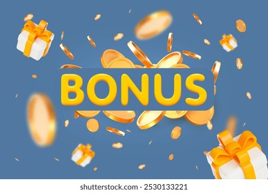 3d Bonus text and explosion gold shiny coins with flying gift box on blue isolated background. Rich or casino luck concept. Precious expensive treasure. Stock vector illustration.	