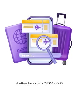 3D book flight, ticket search vector travel concept, airline promotion voucher offer online purchase. Mobile internet reservation fly service, business discount, magnifier. Book flight tour clipart 