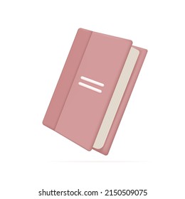 Icono de libro 3d. Una copia del libro de texto de la biblioteca de conocimientos. Libro de copybook o cuaderno, diccionario o libro grande grueso. Catálogo o enciclopedia con cubierta rosa. Ilustración vectorial, estilo mínimo