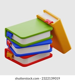 3d book icon. 3d vector icon. Minimalist cartoon style. illustration of pile of colorful books on white background. education, novel, science, study.