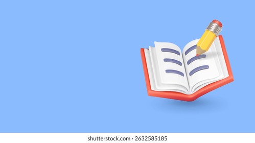 3d Book with Pencil icon, Education elements and online learning . Opened textbook and copy space