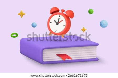 3d book with ringing alarm, isolated on white background. Time to study with book pile and alarm icon in 3d vector illustration