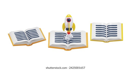 3D Buch mit Raketensymbol Konzept der Bildung Wachsende Ikone 3D Vektor Illustration Set
