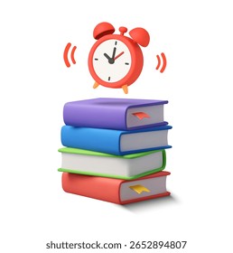 3d book stack with ringing alarm, isolated on white background. Time to study with book pile and alarm icon in 3d vector illustration