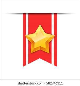 3D bookmark isolated on white background. Golden star on red ribbon tag. Vector illustration