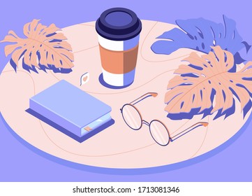 3D books, cup of coffee, glasses and monstera houseplant.Isometric workplace.Flat vector illustration isolated on lilac and light peach background. Can be used for web banner, postcard,web,site