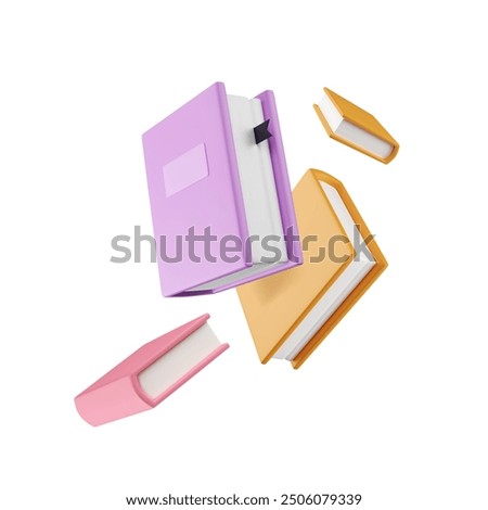 3d books floating on transparent background. Cartoon library, education, school elements in pastel colors. Vector illustration. Bookstore advertising. Textbook with bookmark.