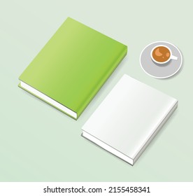 3D Books Illustration Coffee Cup Mockup Green Cover Education Presentation Business Office Diary Textbook Showcase E-Book Document Paper Pages Advertisement Social Media Template