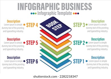 3D books infographic vector illustration. 6 steps business process concept.