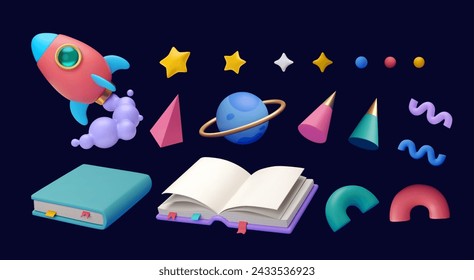 3D books, rocket and abstract shapes isolated on dark blue background.