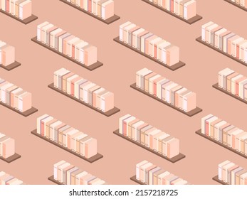 3d estante de libros sin fisuras. Libros isométricos en una estantería, catálogo, biblioteca. Diseño para banners, productos promocionales y carteles. Ilustración del vector