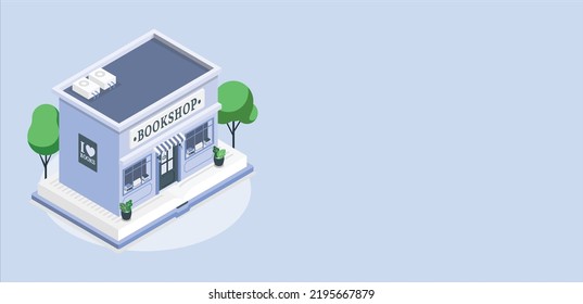 3d Bookstore shop exterior. Books shop brick building. Education or library market. Books in shop window on shelves. Street shop, mall, market, boutique facade. Vector flat style illustration.