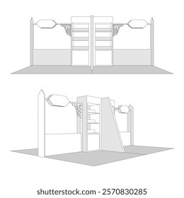 3d booth 3x3 m 4 set ramadan islamic ornament decoration style with rack display product and blank space logo company for event bazar exhibition. Vector editable isolated sketch drawing coloring.