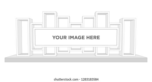 3d booth display box exhibition with blank space for image. Vector editable sketch outline drawing coloring isolated.