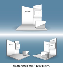 3d booth exhibition with backdrop led TV and table for display. Vector editable.