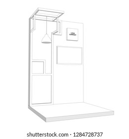 3d booth exhibition backdrop with led TV and blank space for logo company. Vector editable sketch outline drawing coloring isolated.