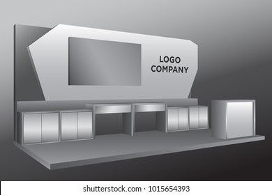 3d booth exhibition with LED screen and storage and receptionist table. Vector editable.