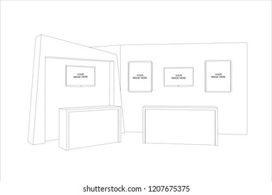 3d booth exhibition with receptionist table and backdrop led TV blank neon box image. Vector sketch outline drawing editable.