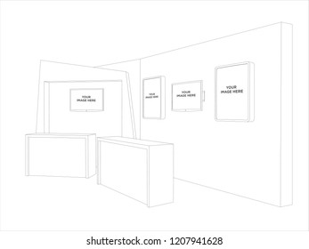 3d booth exhibition with receptionist table and backdrop led TV blank neon box image. Vector sketch outline drawing editable.