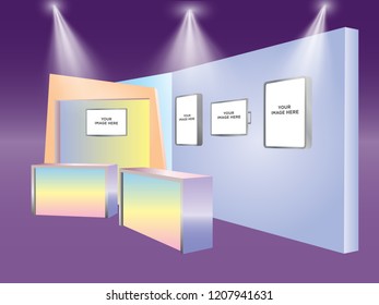 3d booth exhibition with receptionist table and backdrop led TV blank neon box image. Vector editable.
