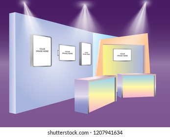3d booth exhibition with receptionist table and backdrop led TV blank neon box image. Vector editable.