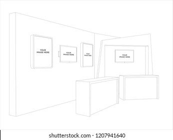 3d booth exhibition with receptionist table and backdrop led TV blank neon box image. Vector sketch outline drawing editable.