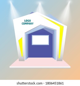 cabina 3d de alta tecnología estilo geométrico futurista con TV LED pantalla en blanco marca de logotipo y foco para exhibición de eventos. Vector editable aislado.