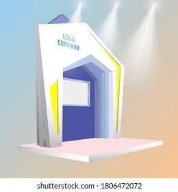 3d booth stand hi-tech futuristic geometric style with TV LED screen blank space logo company and spotlight for event exhibition. Vector editable isolated.