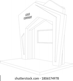 3d booth stand hi-tech futuristic geometric style with TV LED screen blank space logo company for event exhibition. Vector editable sketch outline drawing coloring isolated.
