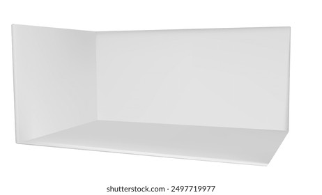 3d booth stand mockup for event. Blank exhibition corner room rectangle mock up. Empty presentation interior render with floor. Tradeshow showroom for press promotion. Expo kiosk box area layout